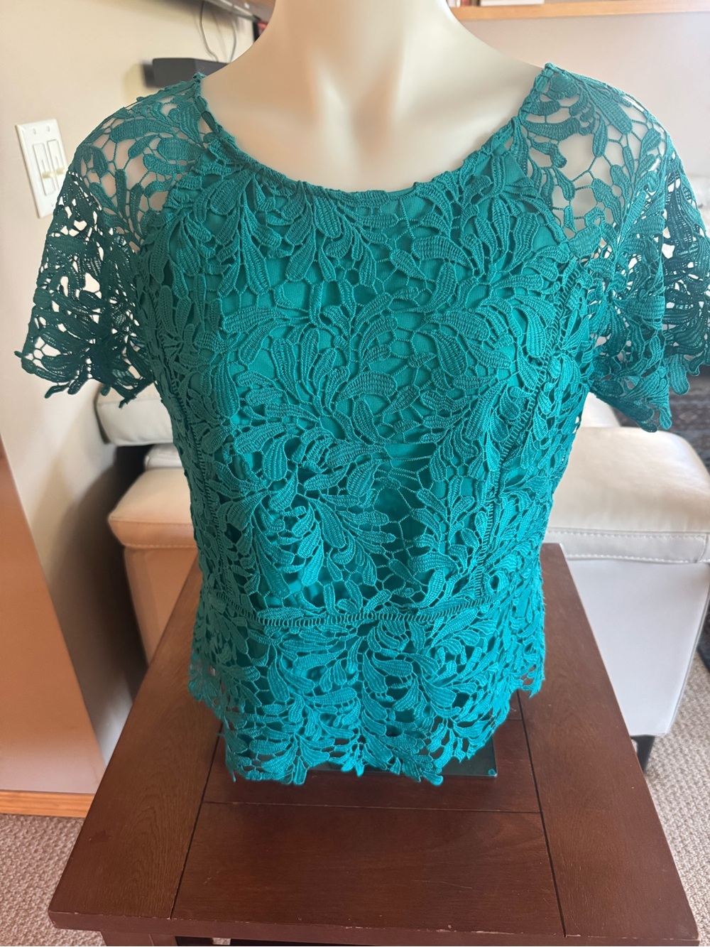 Women's Teal Lace Short-Sleeve Scoop Neck Blouse